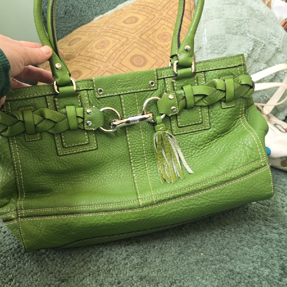 Coach Green Braided Leather Shoulder Bag with Tassel Great Condition
